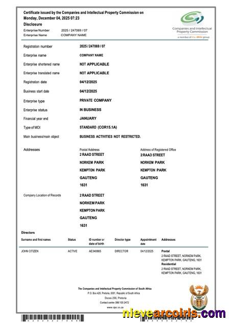 South Africa certificate of company registration 